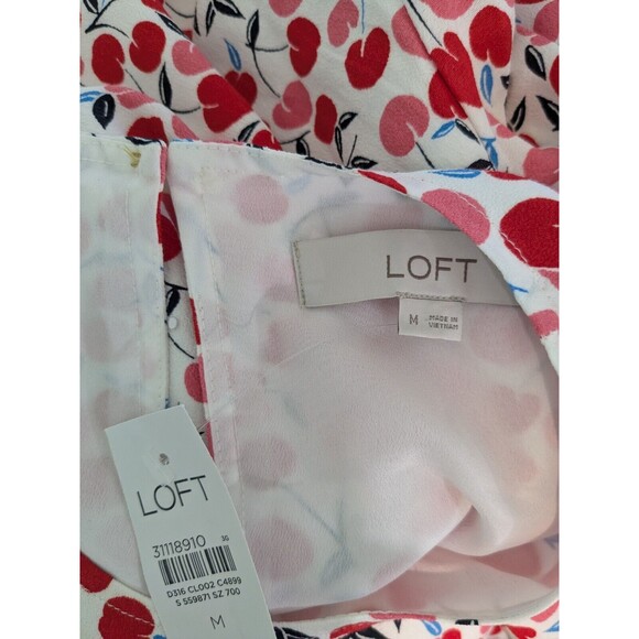 Ann Taylor Loft Cherry Print Shift Swing Dress medium Long Balloon Sleeve - Picture 5 of 5